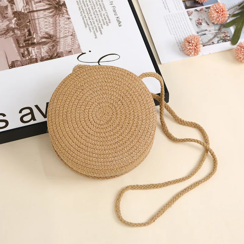 Fashion Woven Straw Shoulder Bags Cute Travel Crossbody Bag Creative Floral Round Shape Coin Purse Children Beach Bag
