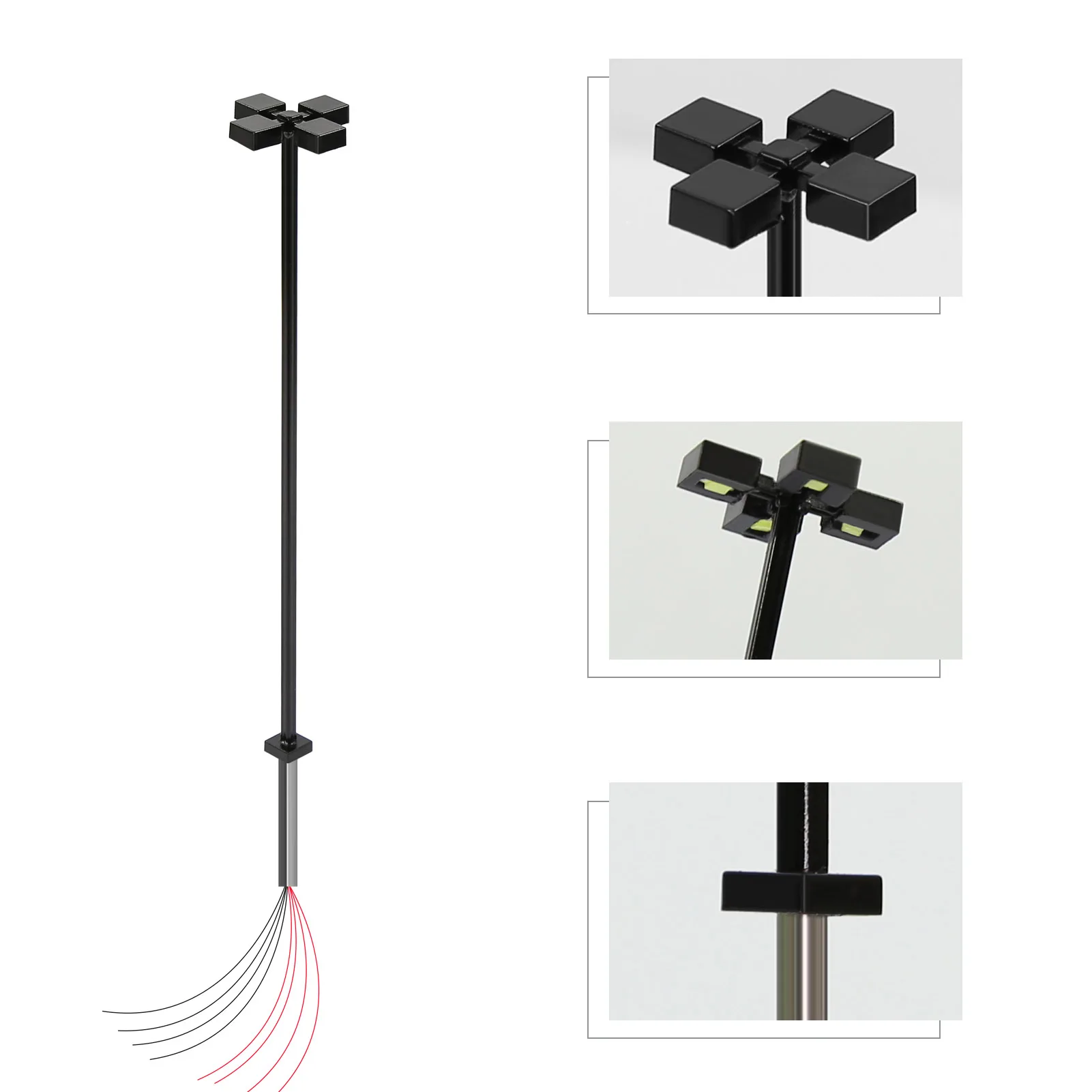 LM06HOW Evemodel 10pcs HO OO Scale 1:75 Metal Lamp Bright White LED Four-Heads Street Lights 10.6cm Black Pole