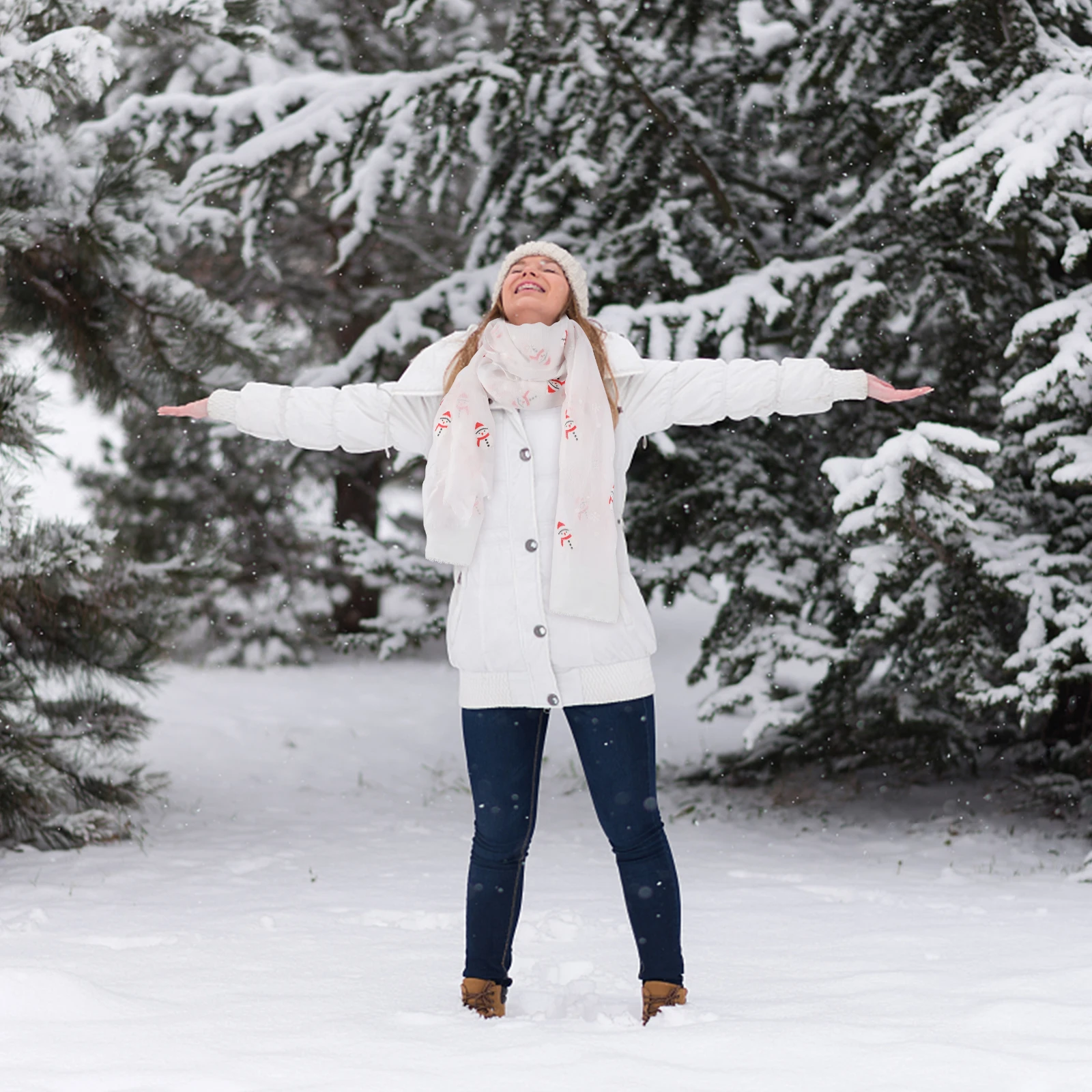 

Christmas Snowman Snowflake Pattern Shawl Women Fresh Style Scarf Xmas Gift Voile Shawl Long Scarf Neckerchief