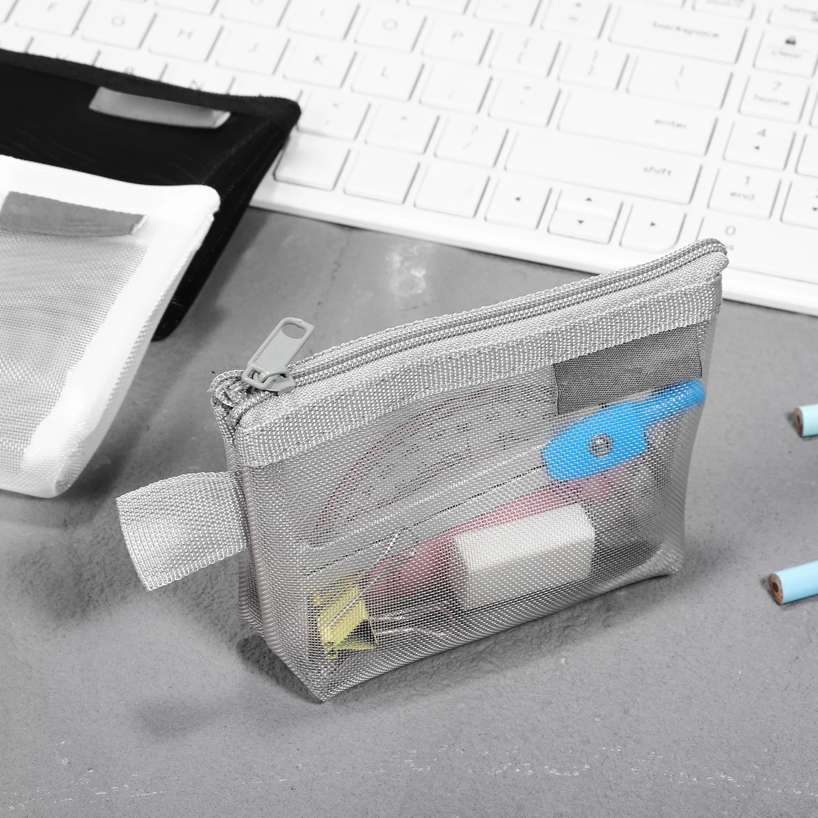 3 Pcs Coin Purse Lightweight Mesh Pouches Black White Gray Zipper Bags for Coins Makeup Bath Accessories Storage