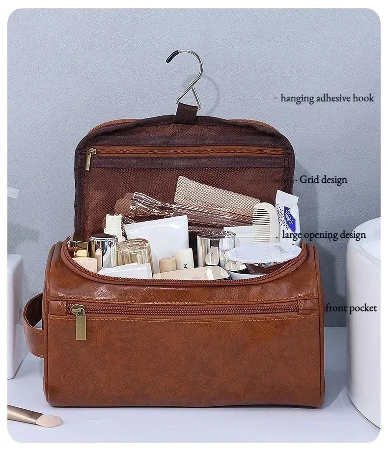 Leder-Kulturtasche für Herren und Damen, Dopp Kit, Hängende Herren-Kulturtasche, Reise-Kulturtasche für unterwegs, Große Kosmetiktasche für T – Detail 4