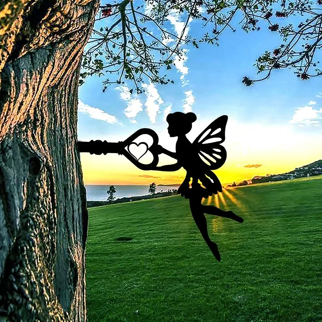 1PC Angel On Branch Steel Silhouette Metal Wall Art Home Garden Yard Patio Statue Stake Decoration Perfect For Birthdays