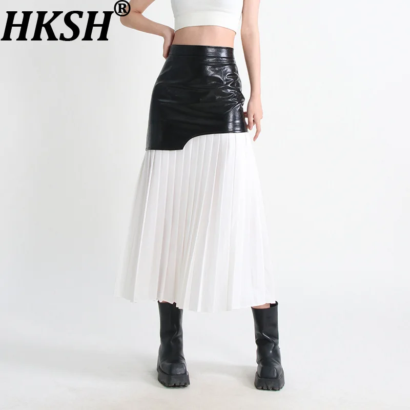 

HKSH весенне-осенняя новая женская юбка из искусственной кожи в стиле пэчворк, плиссированная сетка, асимметричная универсальная юбка Ins Punk, высококачественные юбки Y2K HK15900