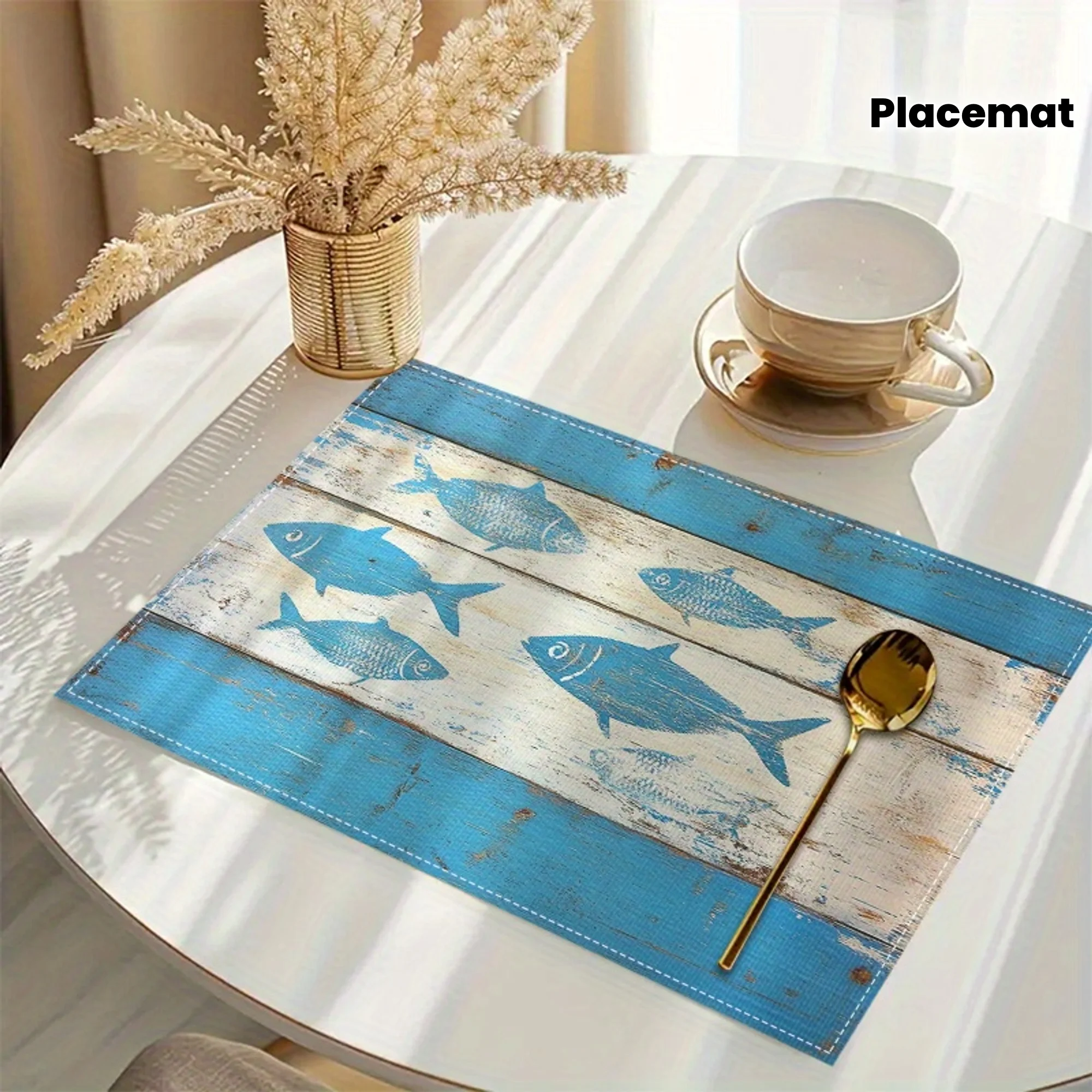 Blue And White Painted Wooden Background With Fish Placemat Place Mats Washable Dining Table Mats