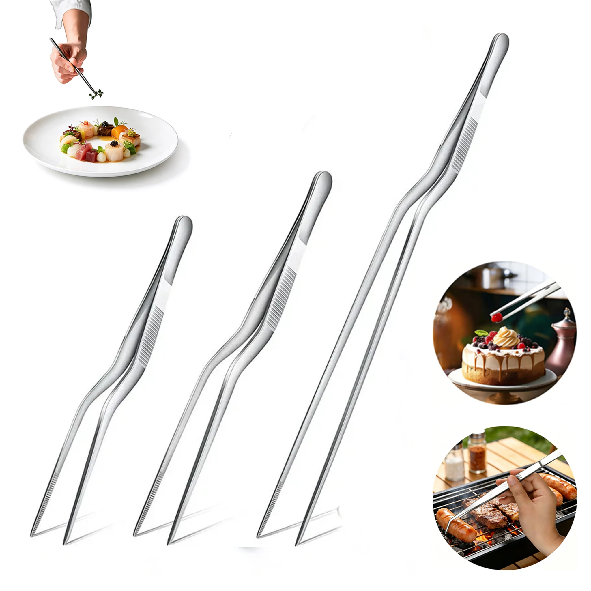 Stainless Steel Plating Tweezers, Curved Precision Food Tweezers for Sushi, Dessert, Gourmet Plating, BBQ Decorating