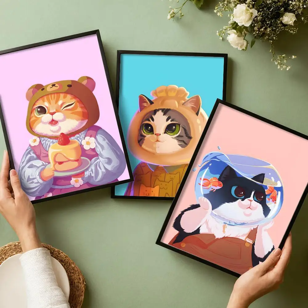 Funny Cats Poster Stickers HD Painting Self-Adhesive Art for Bedroom Living Room Home Decor Modern Wall Decals Gift