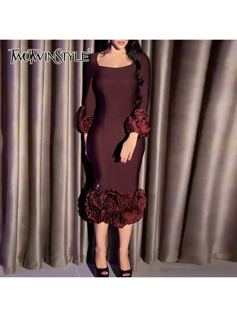 

TWOTWINSTYLE Однотонное платье с цветочным пэчворком для женщин, с квадратным вырезом, длинными рукавами, завышенной талией, стройнящее, шикарное, модное женское платье
