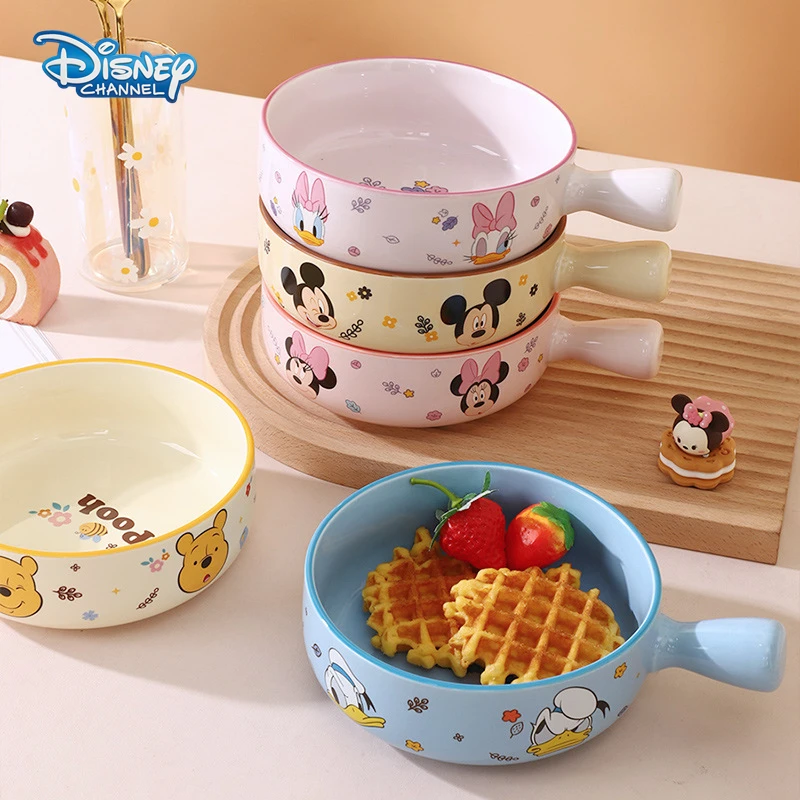 Disney Mickey Minnie Ceramic Rice Bowl Kids Cartoon Pooh Bear Donald Duck Cute Handle Snack Bowl Fruit Salad Bowl Kids Tableware