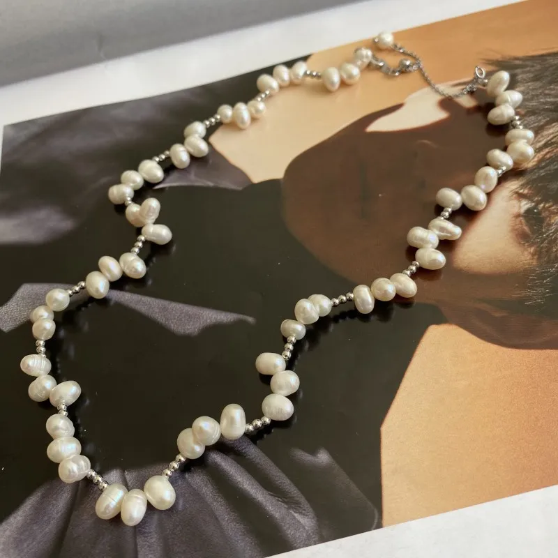 

2025 New Year Sweater Chain Classic Elegant Small Silver Color Bean Beads Spacer Freshwater Pearl Strand Chain Necklace Jewelry