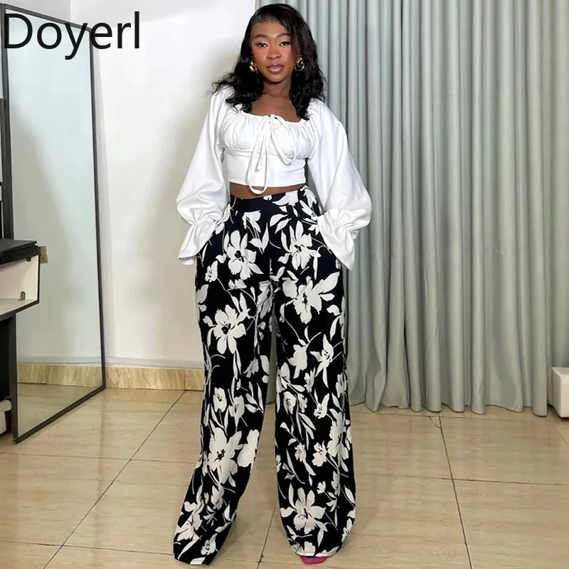 

Doyerl Комплект из 2 предметов с принтом для женщин Элегантный клубный вечерний укороченный топ с квадратным воротником и расклешенными рукавами и свободные широкие брючные костюмы