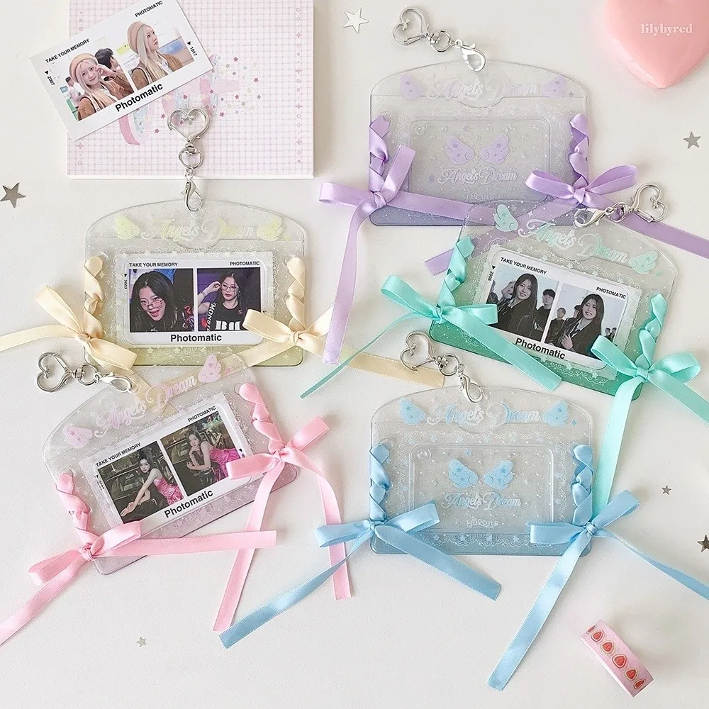 PVC 3-inch Photocard Holder Transparent with Ribbon Bow & Keychain Photo Card Protector Waterproof Card Cover School Supplies
