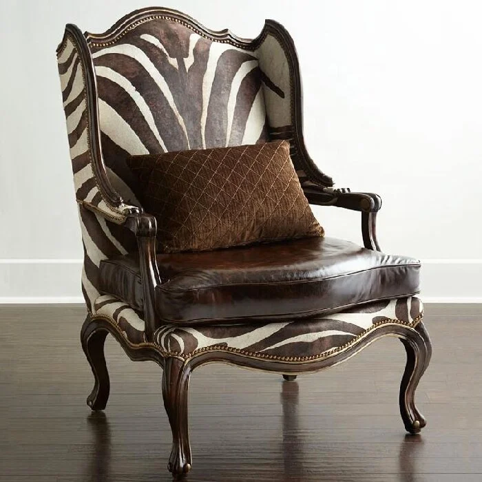 +French Wooden zebra Cowhide Genuine Leather Lounge Single Armchair Accent Living Room Chairs