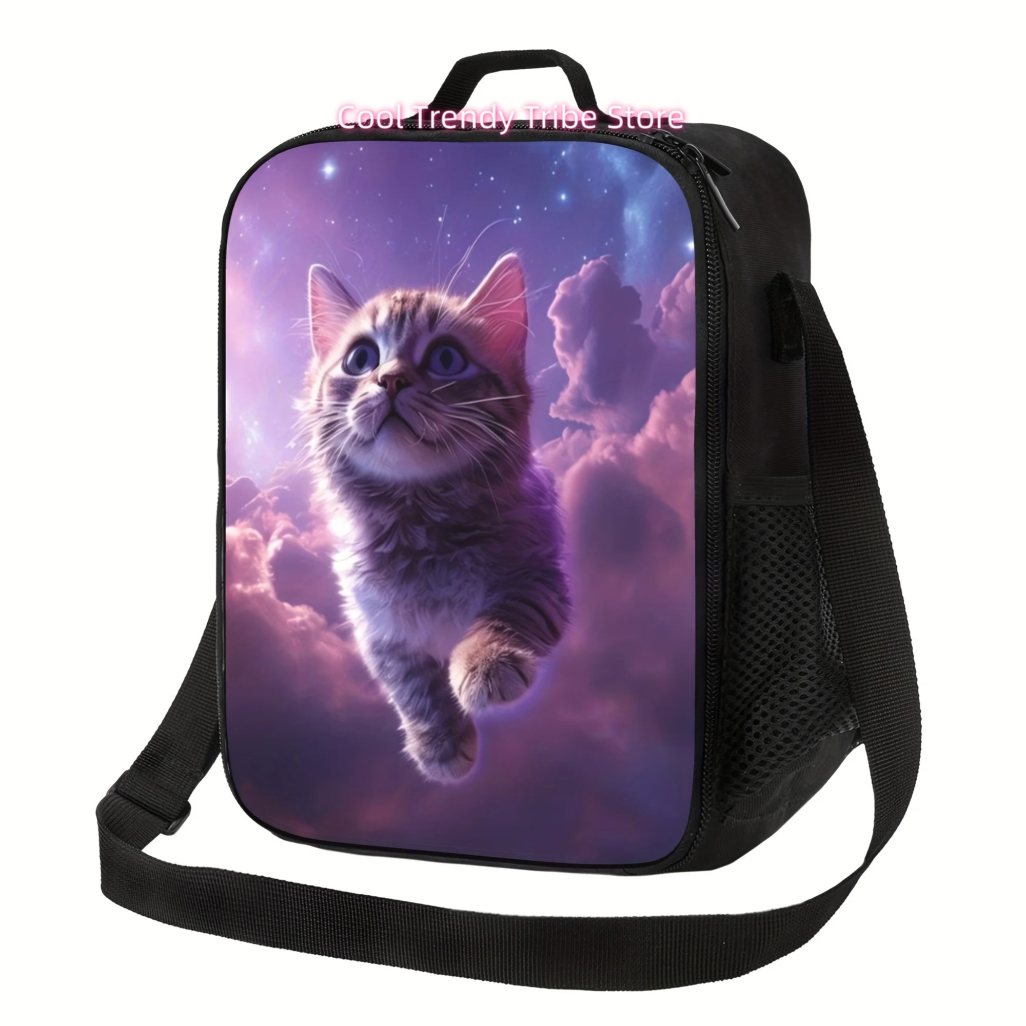 A Portable, Reusable Cooler Bag with a Design Featuring a Cat, Purple Starry Sky, And Clouds, Ideal for Camping, Picnics, And Be