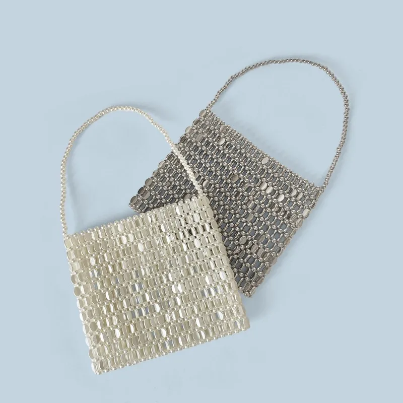 

Hand-Woven Evening Phone Bag Metallic Sier Hand-Beaded Sequins Ele and Luxurious Design