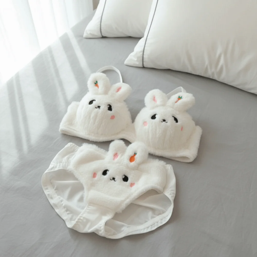 Moda orelhas de coelho de pelúcia sutiã sem fio plissado doce lingerie conjunto cintura baixa íntima feminina conjunto menina