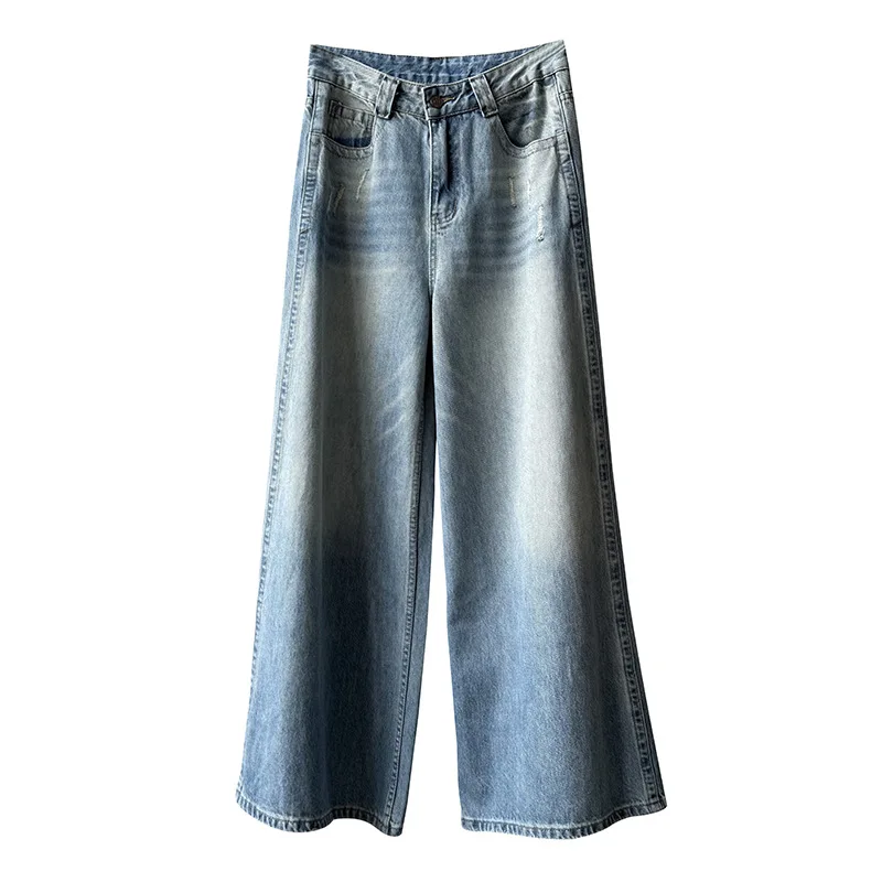 Jeans da donna retrò a vita alta a gamba larga Pantaloni larghi drappeggiati dimagranti casual lunghi fino al pavimento per l'autunno e l'inverno