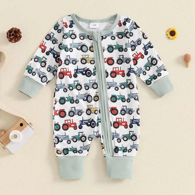 Baby Boy Romper Tractor Print Round Neck Long Sleeve Front Zip-Up Causal Jumpsuit for Fall