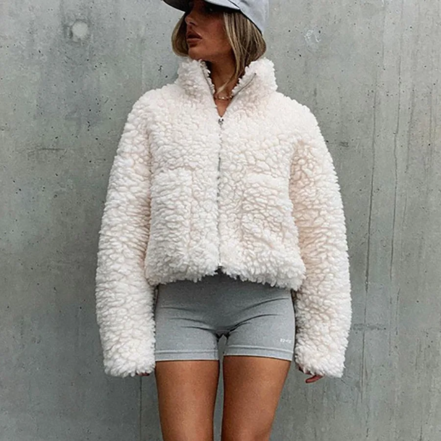 Chic Faux Lambswools Teddy Jacket Hairy Fleece Bomber Coat Plush Stand Collar Velvet Cardigan Outwear Zipper Shaggy Parka Tops