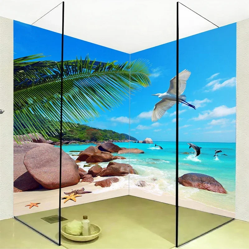 Custom Mural Wallpaper 3D Beach Coconut Dolphin Bathroom Decorative Wall Sticker PVC Waterproof Vinyl Wall Paper Papel De Parede