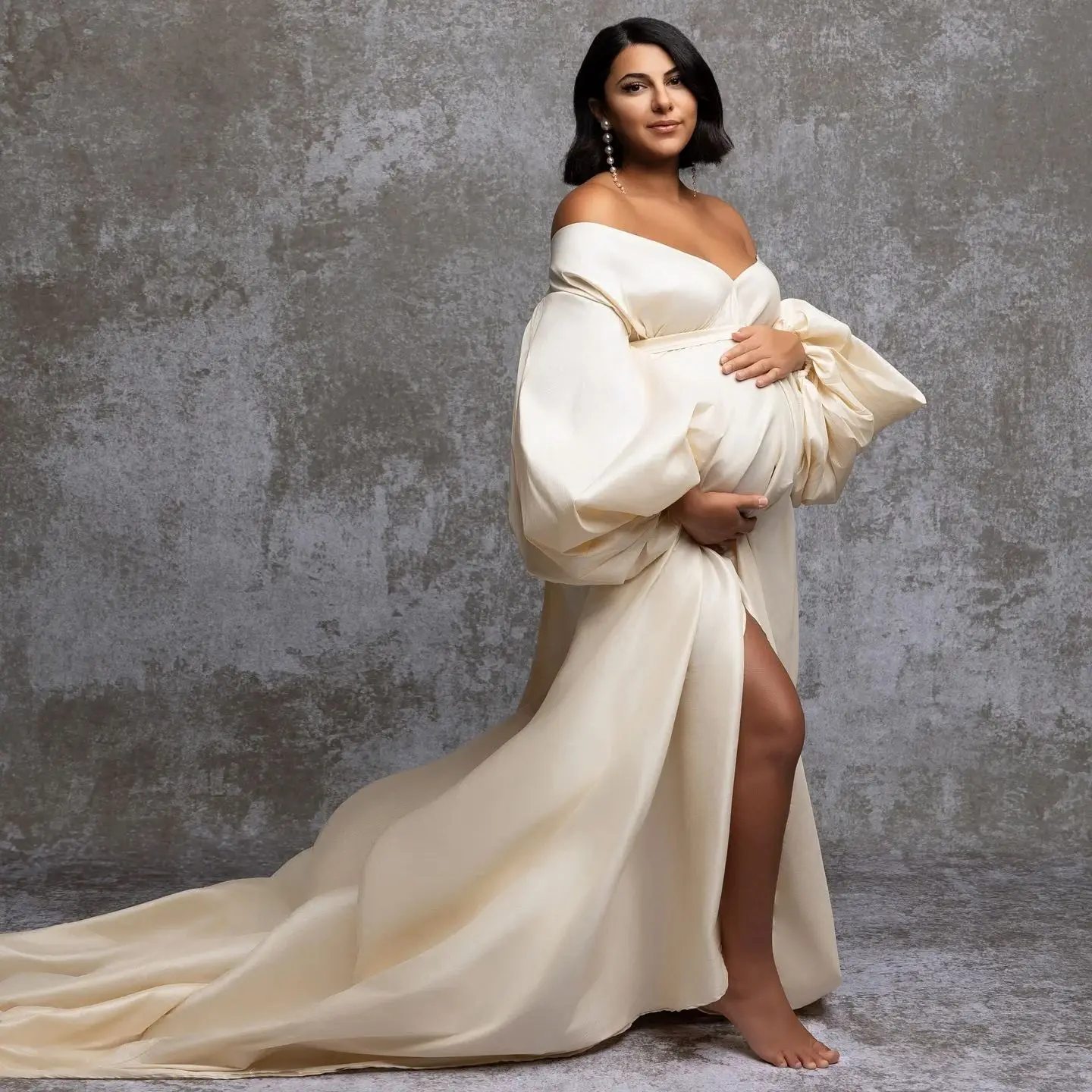 

Ivory Satin Prom Dresses Puff Sleeves Maternity Photoshoot Dress Sweep Train Oversize Baby Shower Gown Photography Props