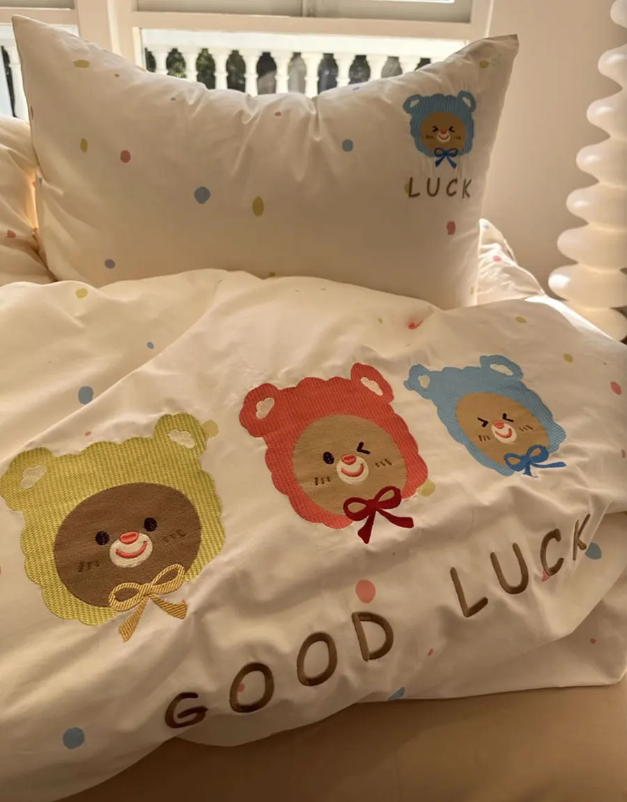 

Cute embroidery bear colorful polka dot bedding set,twin full queen kawaii cotton home textile bed sheet pillow case duvet cover