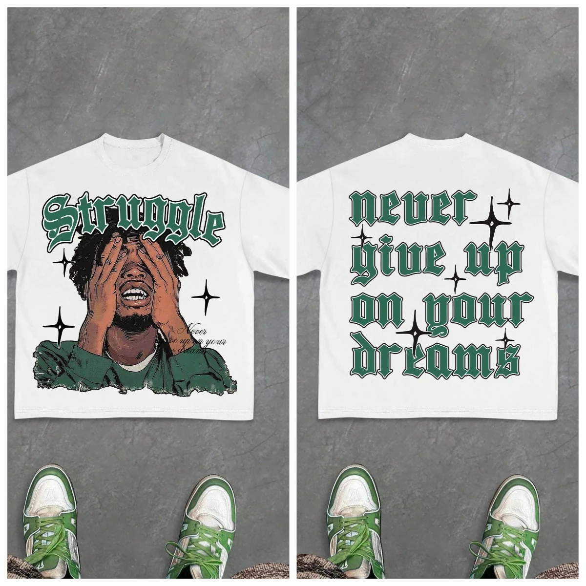 2026 New Family Matching T‑Shirt Struggle Portrait Star Ornate Gothic Font Front Print Cropped Oversized Cotton Short