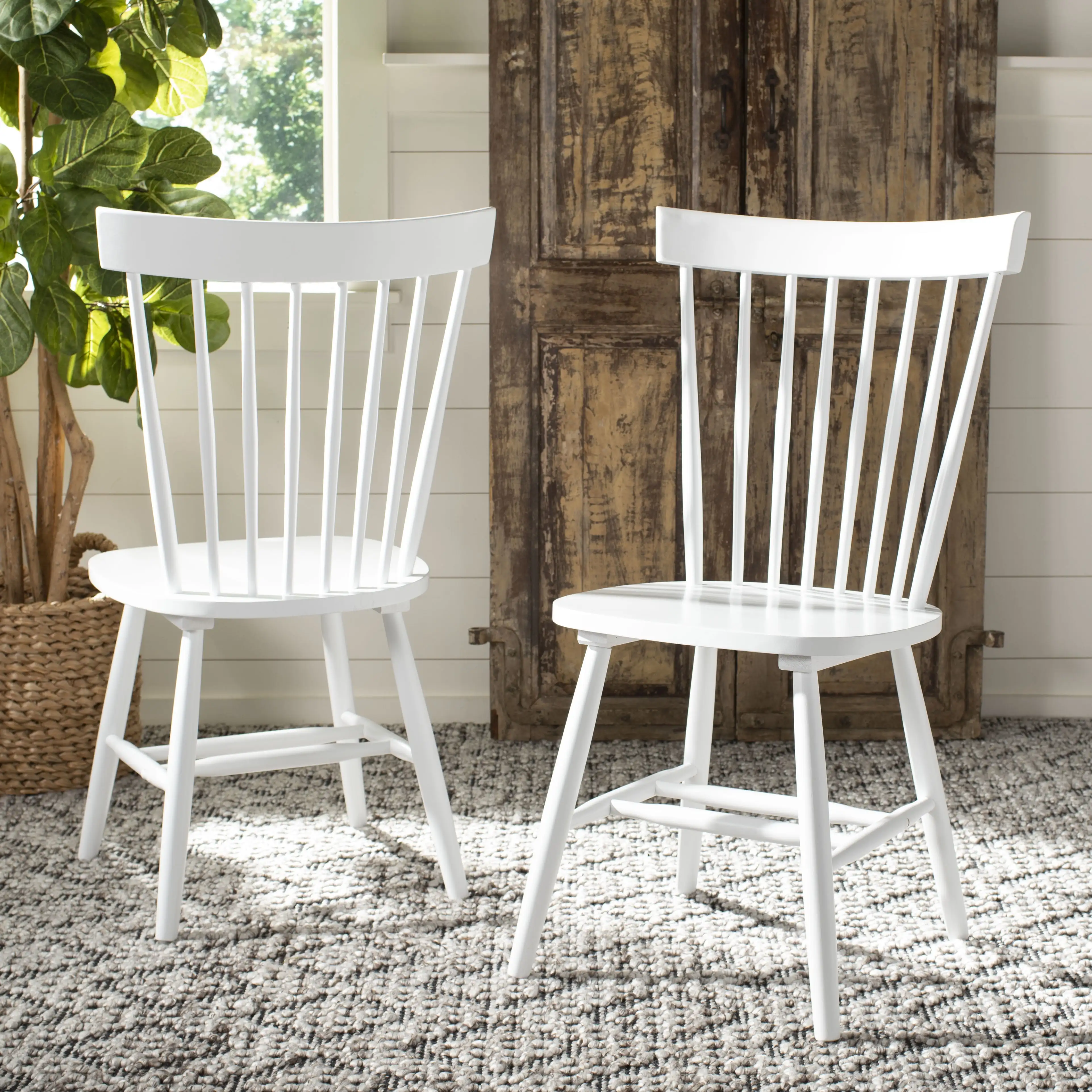 Solid 17 in.  H Spindle Dining Chair White Set of 2 Durable Malaysian Oak for Long Lasting Durability