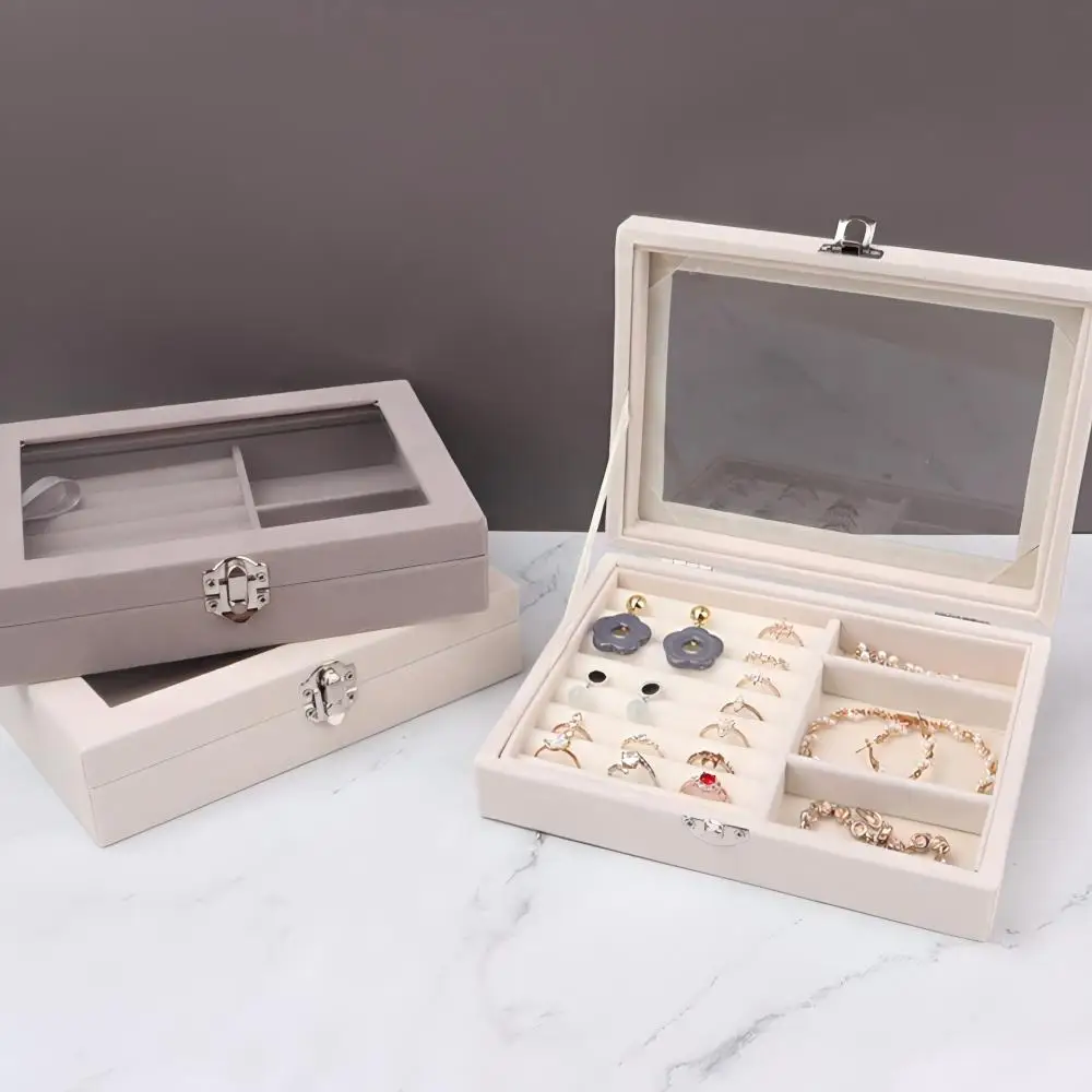 Multi Color Hard Shell Jewelry Box with Glass Lid, Velvet Lined Divided Ring Earring Storage Organizer Gift Case for Women