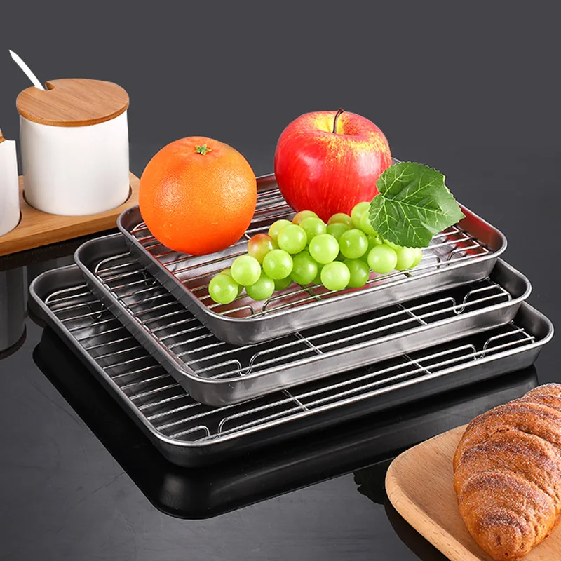 304 Stainless Steel Food Tray With Cooling Rack BBQ Grid Nonstick Cake Pan Outdoor BBQ Tray Fruit Pastry Plates Kitchen Tools