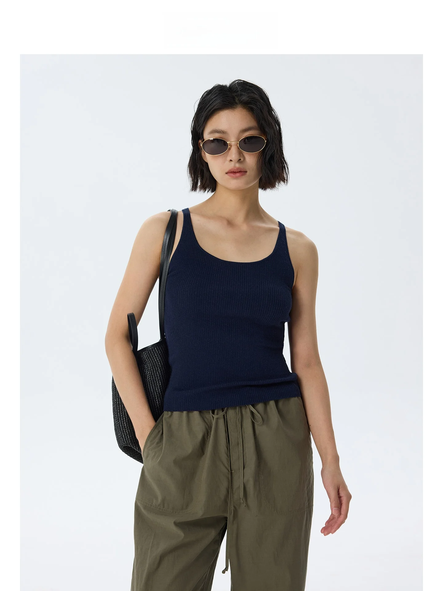 

DE Mincollection oulder Digging Knitted Strap Casual Sle Slim Fit Vest Women's Summer Thin Fabric Pure Color Bal Top