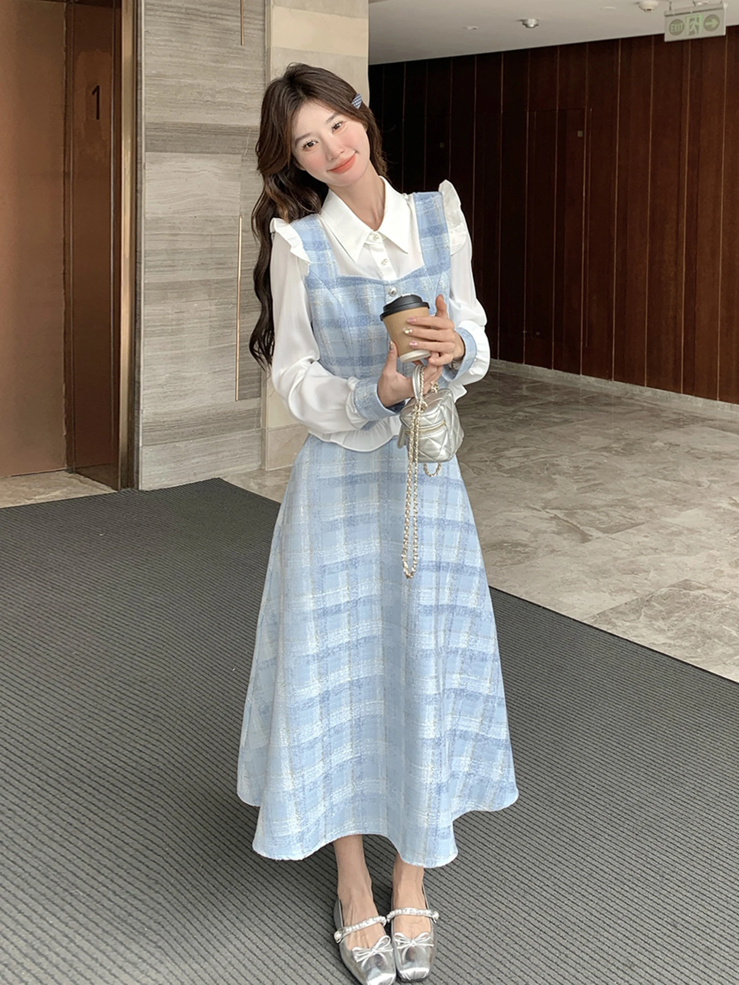 

Blue Plaid Sle Women's Spring Autumn Set Dr Slimming Two-Piece High-End Faion ular Online Sensation