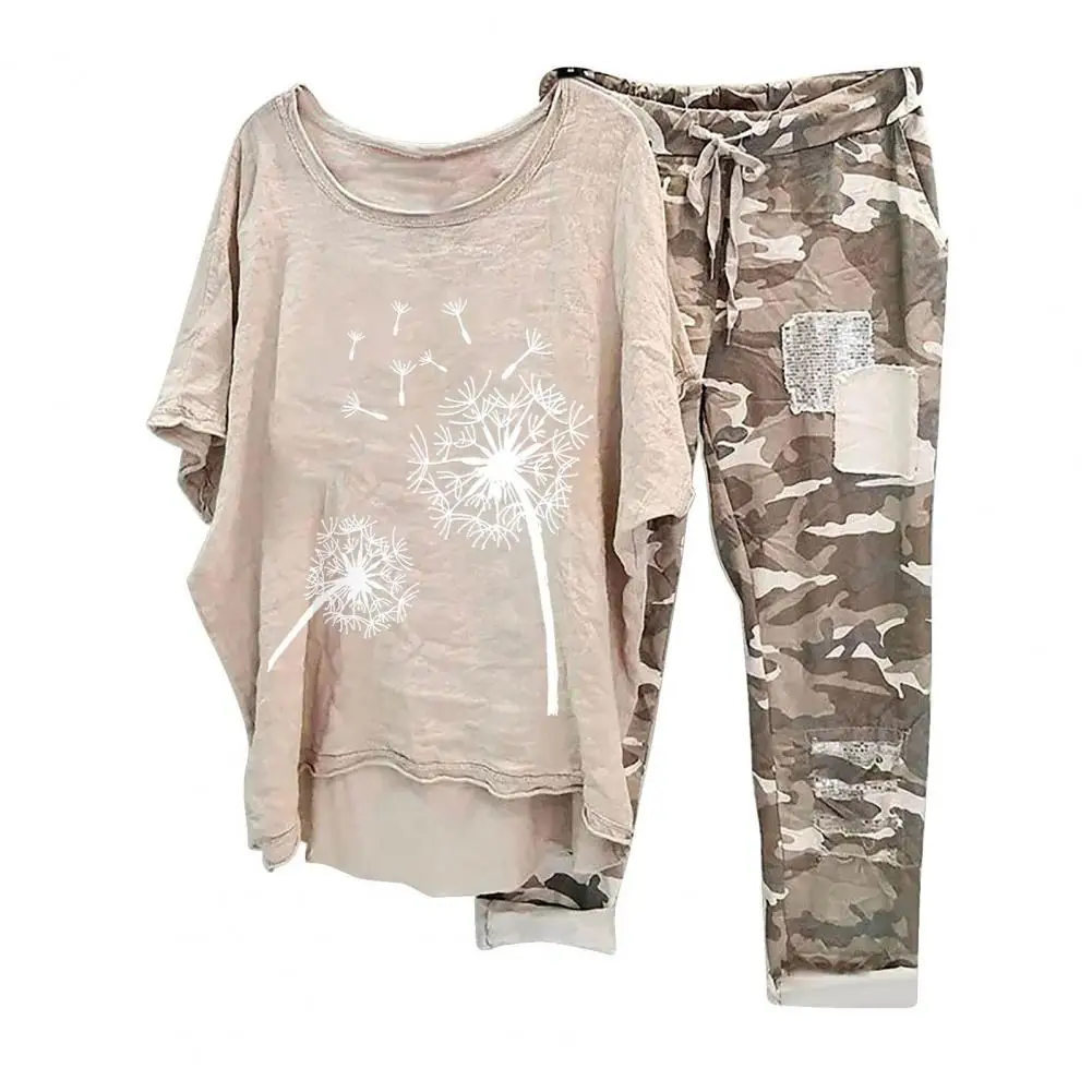 2 Pcs/Set Women Top Pants Set For Summer Camouflage Print O Neck Irregular Hem Short Sleeves Elastic Waist T-shirt Trousers Set