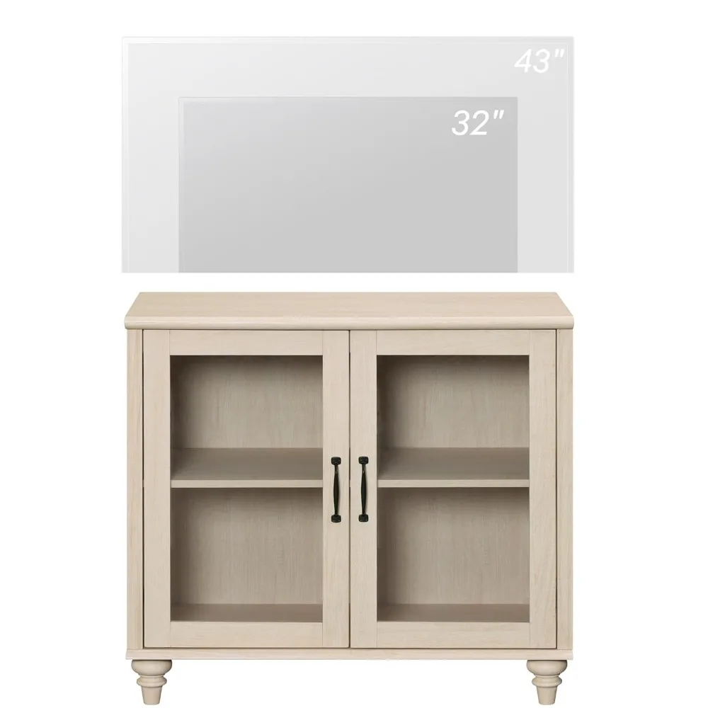 Beige Glass Wood TV Stand with 2 Storage Cabinets for 43 inch TVs, Living Room Bedroom Entertainment