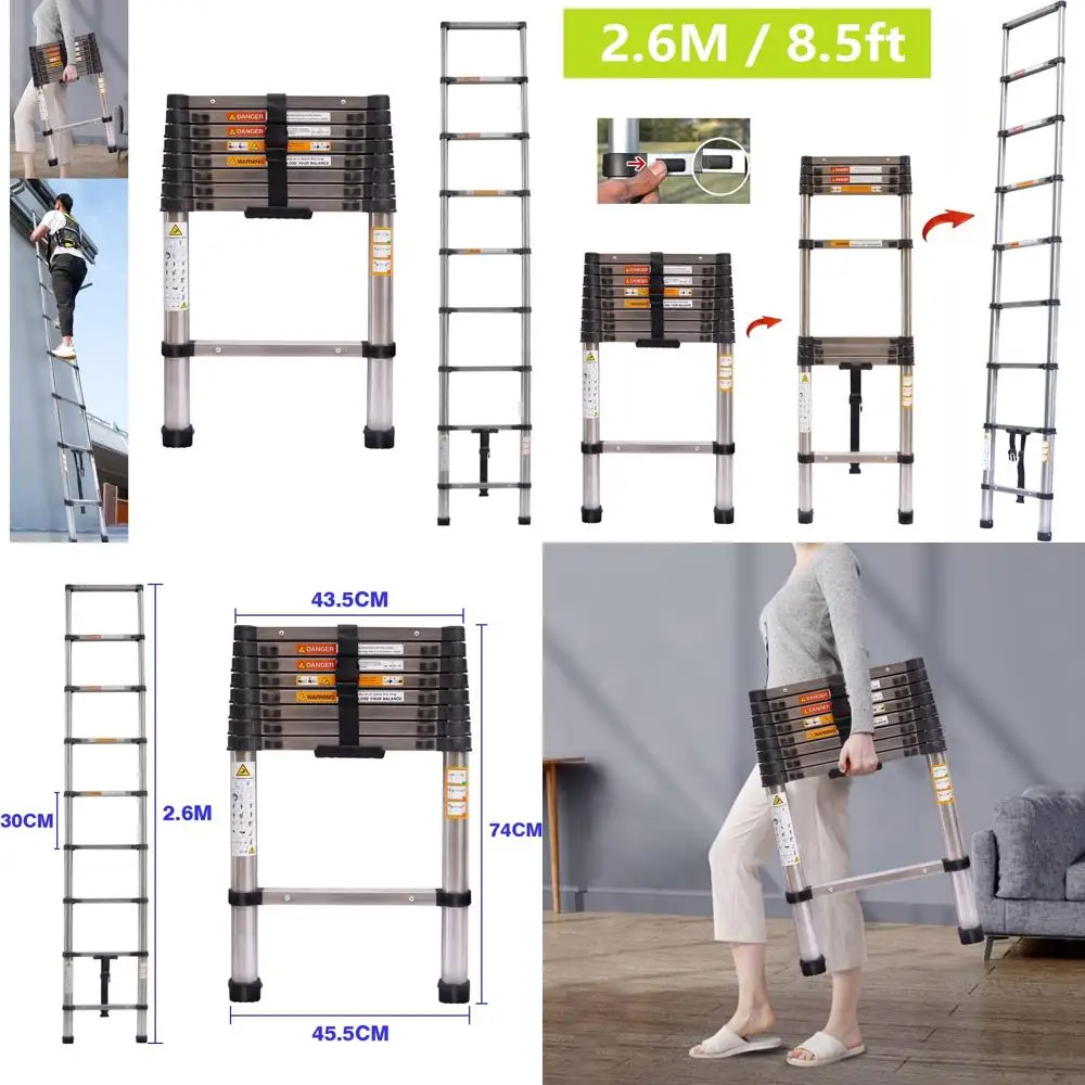 

stainless steel 8.5ft telescoping ladder with 330 lbs load capacity for multi-purpose use