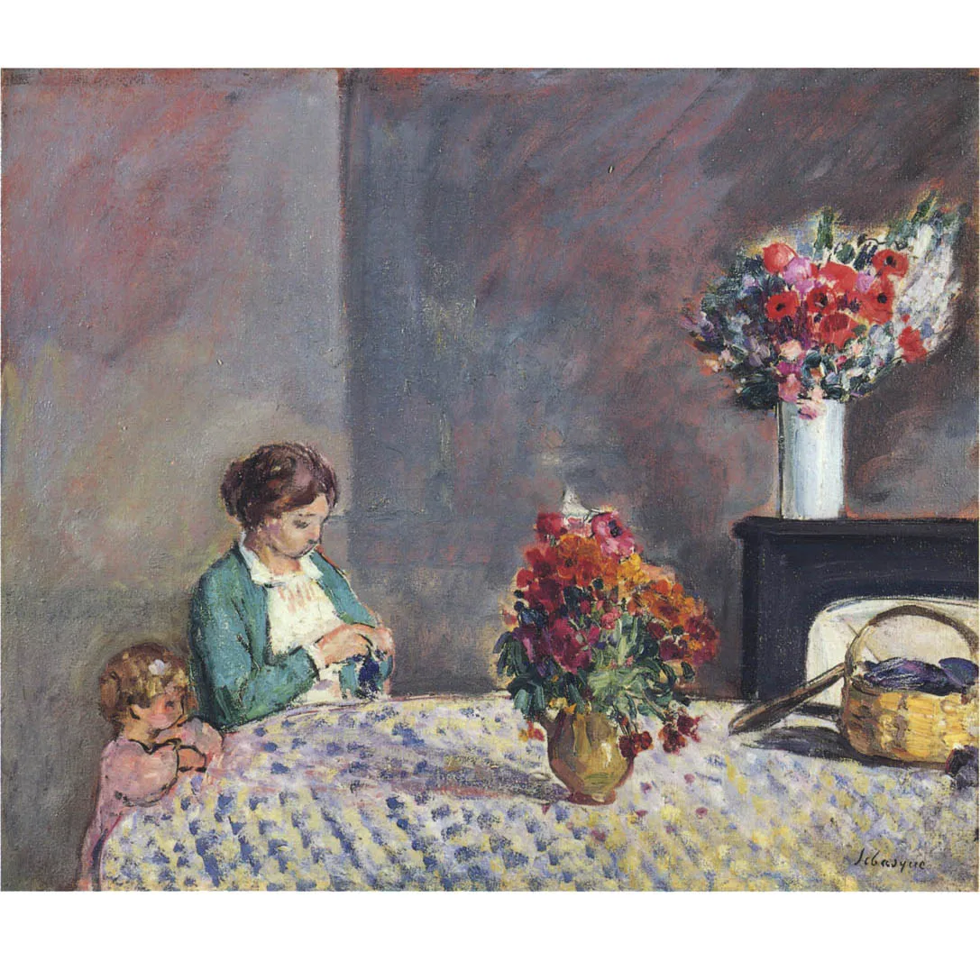 

Henri Lebasque paintings,Woman and child seated at a table,Hand painted figure painting on canvas,Picture decoration for home