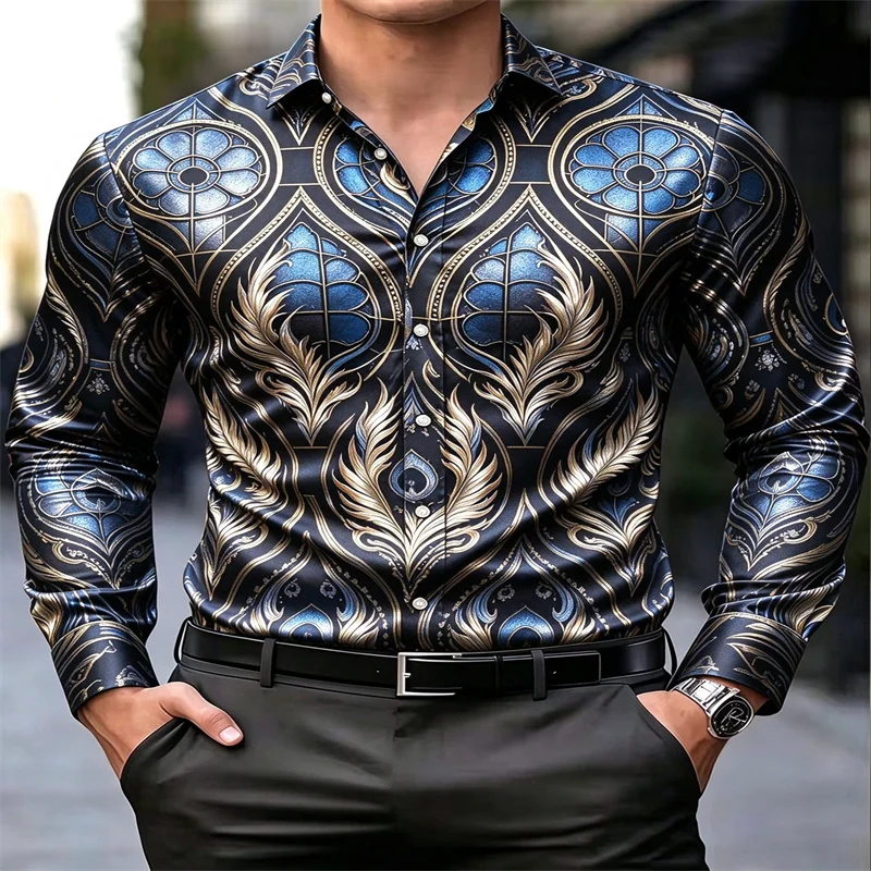 Men's luxury satin long-sleeve shirt featuring a gold feather geometric print; a collared, button-down style suitable for partie
