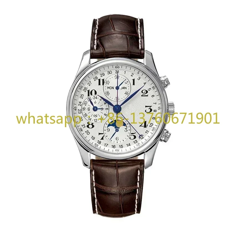 Luxury New Mens Mechanical Watch Moon Phase Automatic Brown Leather Master Relogio Masculino