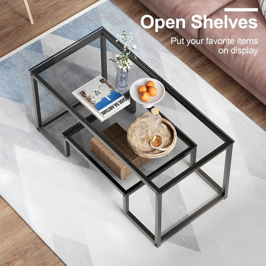 

Table Grey Glass Coffee Table for Living Room,2 Tiers Rectangle Center Table with Sturdy Metal Frame,Modern Tempered Glass Acce
