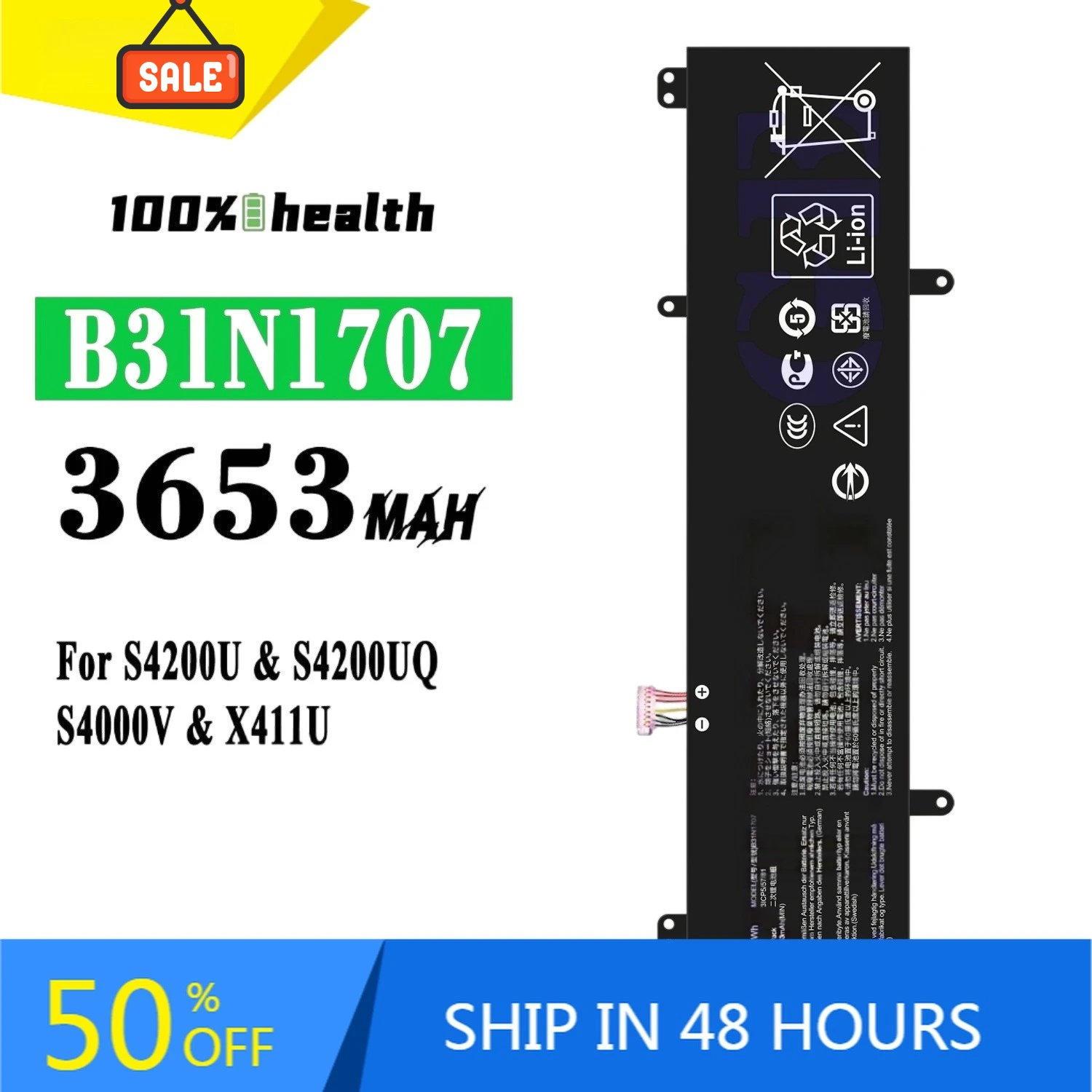 

B31N1707 3653mAh Laptop Battery for ASUS S4200U S4200UQ S4000V X411U Lithium Rechargeable Battery