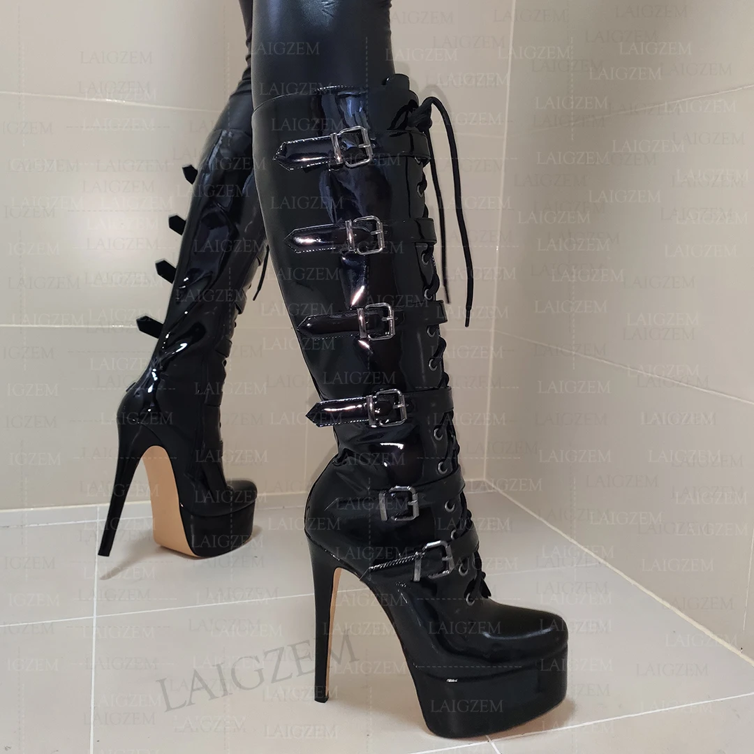 

LAIGZEM Women Knee High Boots Platform Thin High Heels Shiny Tall Boots Side Zip Up Ladies Handmade Shoes Woman Size 35 38 41 42