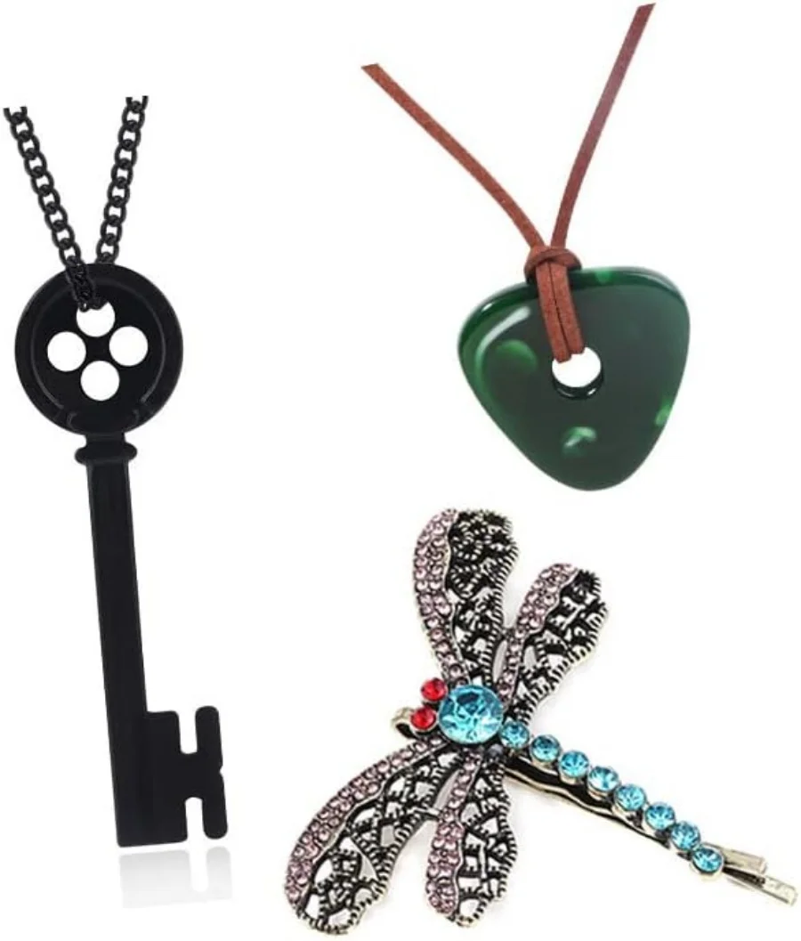 3PCS Coraline Accessories Set – Key Necklace Dragonfly Hair Clip for Women Men, Halloween Cosplay Costume Prop Jewelry, Fan Gift
