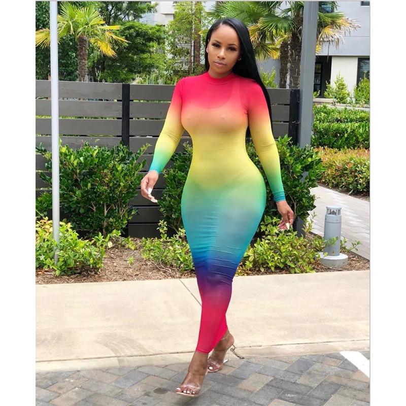 

Women's Rainbow Print Gradient Color Long Sleeve O-Neck Sheer Dress Perspective Dresses Sexy Skinny Lady Club Robes