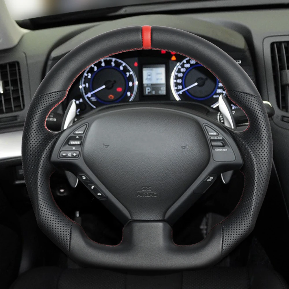 Full Leather Steering Wheel With Perforated Grip For INFINITI G25 G35 G37 QX50 Q60 2009-2013 Red Stripe Car Accessories