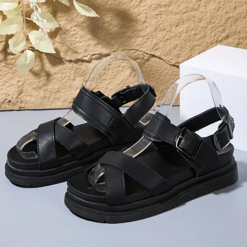 Nieuwe Zwarte Open Teen Flatform Wiggen Schoenen Vrouw Zomer Strand Sandalen Sexy Vrouwen Plus Size Pu Lederen Sandalias Plus Maat 43