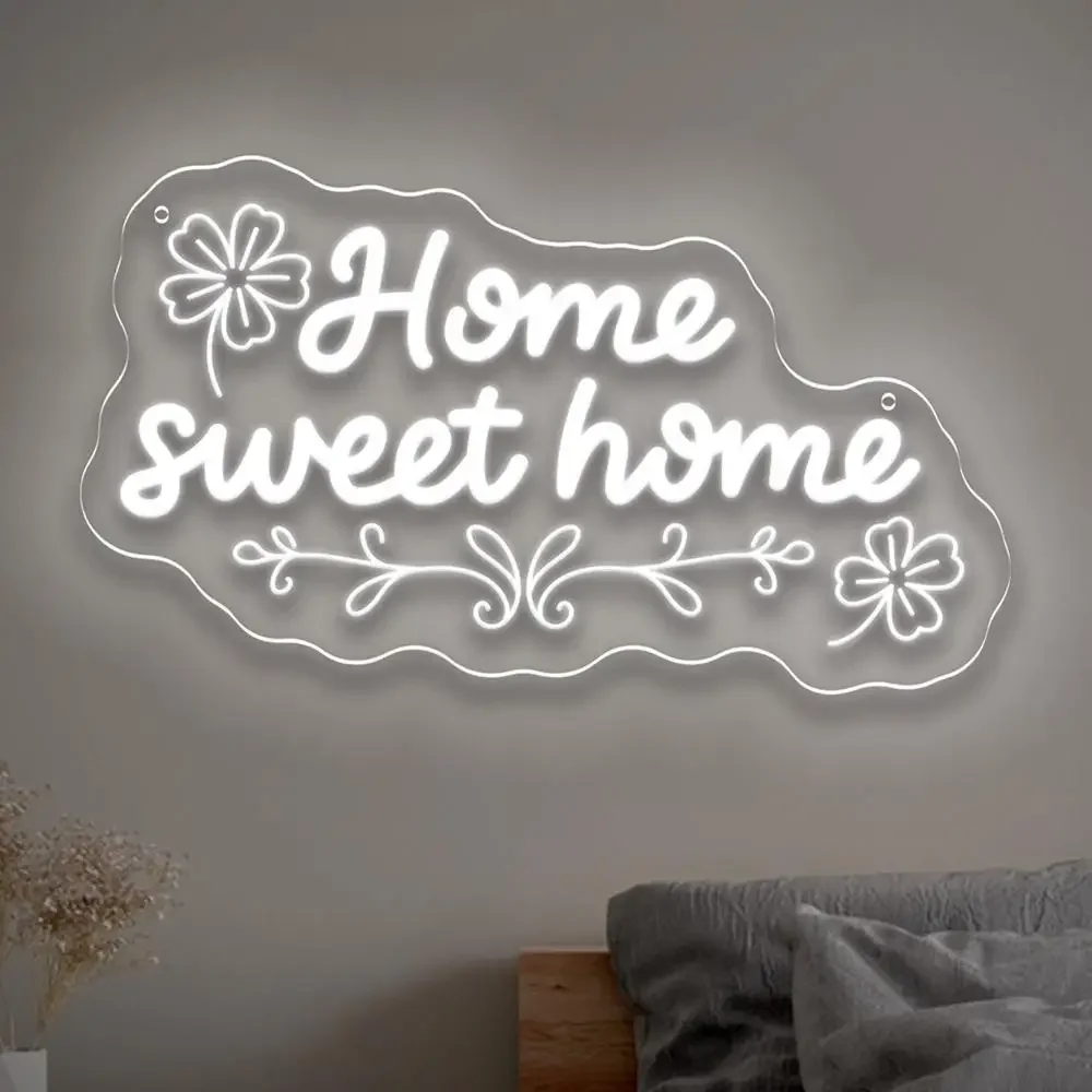 Home Sweet Home Neon Sign White Flower Script LED Wall Art Acrylic USB Dimmable Hanging Light Cozy Living Room Bedroom Decor
