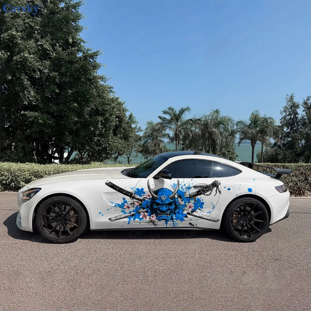 2pcs Blue Splatter Oni Mask Samurai Car Side Wrap, Self-Adhesive PVC Waterproof & Scratch-Resistant Stickers, Car Accessory Gift