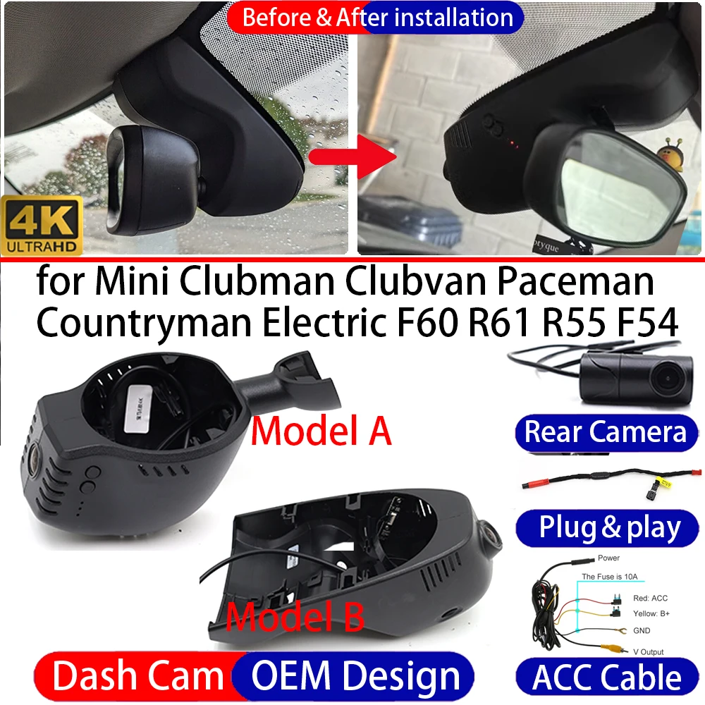 Dash Cam for Mini Clubman Clubvan Paceman Countryman Electric F60 R61 R55 Front Rear 4K DVR Driving Recorder Dashboard Camera