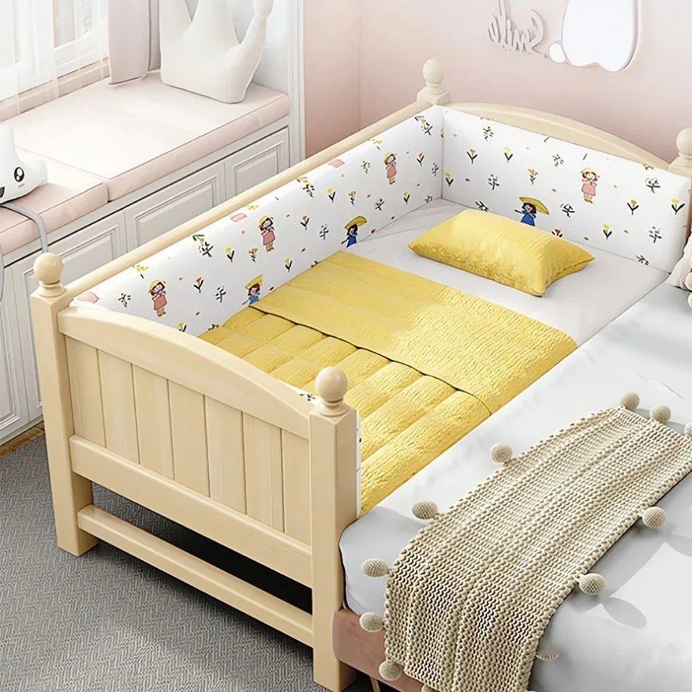 Fashion Children Furniture Solid Expandable Wood With Guardrail Splicing Wide Kids Movable Boy Girl Baby Beech Bed
