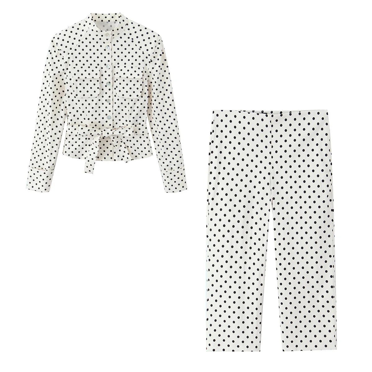 

Vintage Polka Dot Two Piece Set Women Belted Shirt Jacket and Straight Pants Suits 2026 Spring Elegant Office Lady Matching Sets