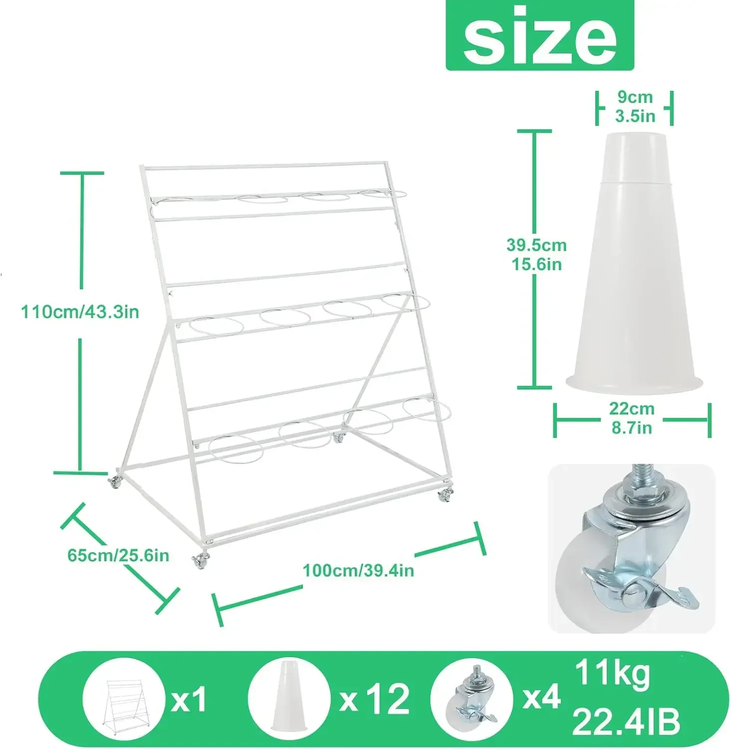 Flower Display Stand,Moving Florist Bouquet Shelf for Fresh Flower Shop,Patio Garden, Outdoor Flower (White Frame-White Bucket)